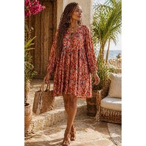 Entro Orange Floral Babydoll Mini Dress Long Balloon Sleeve Boho Women Size M